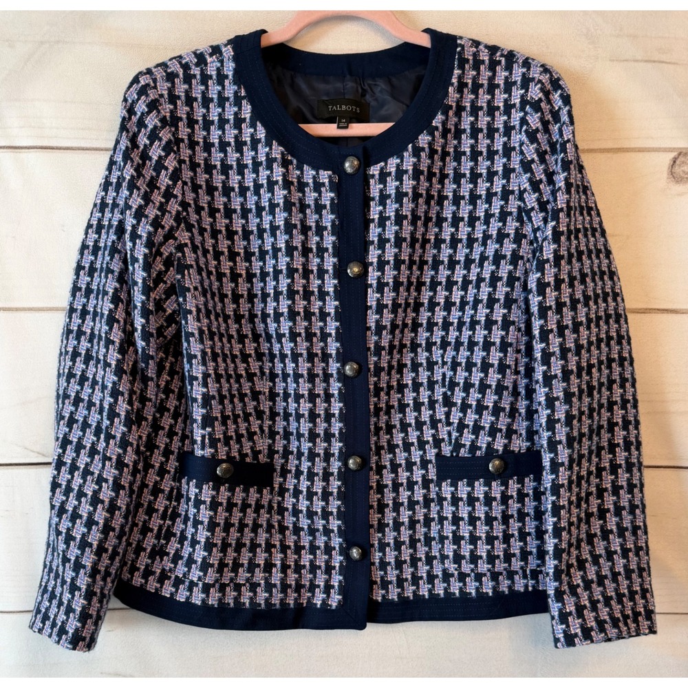 Talbots Navy Pink Houndstooth Tweed Jacket Silver Crest Button Blazer 14